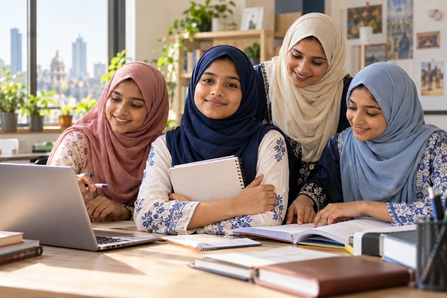 AI-generated illustration of confident Indian girls in hijab learning digital skills with a woman mentor