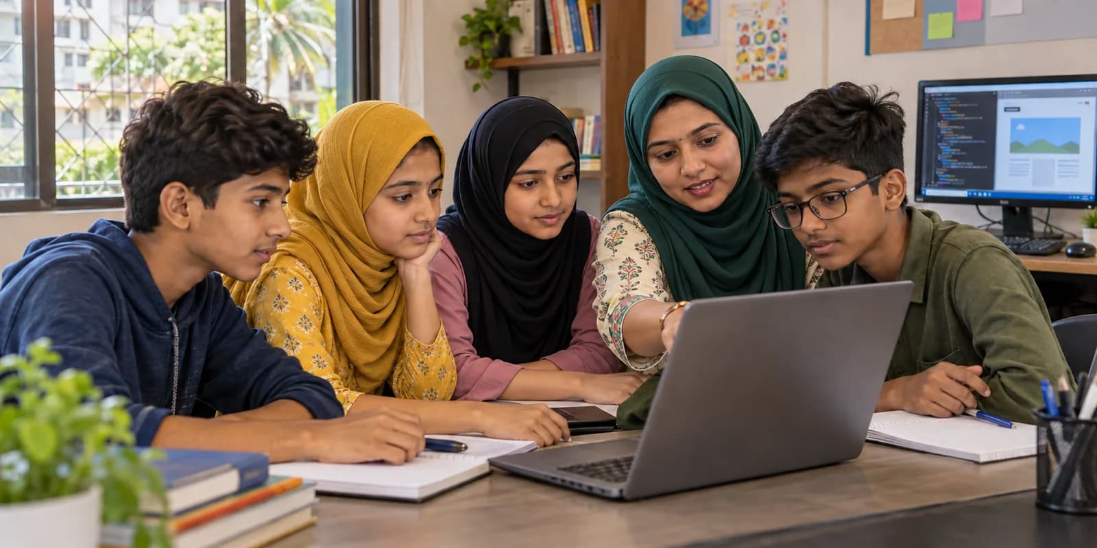 AI-generated illustration of Indian students working with a woman teacher in hijab in a computer classroom