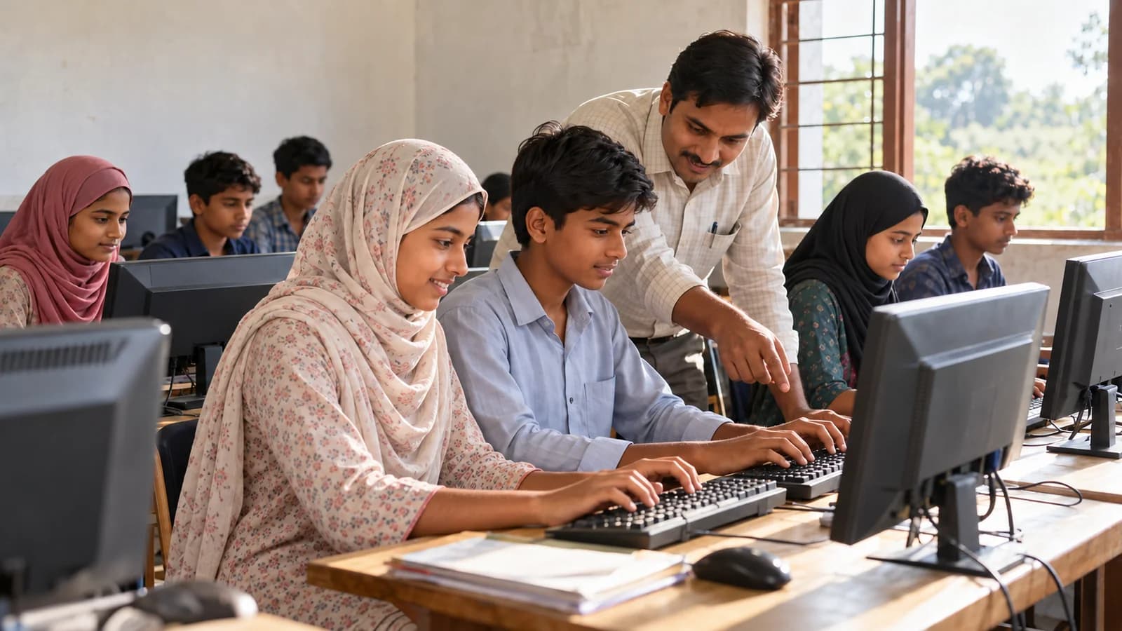 AI-generated illustration of Indian teenagers, with girls in hijab, practicing typing in a rural classroom