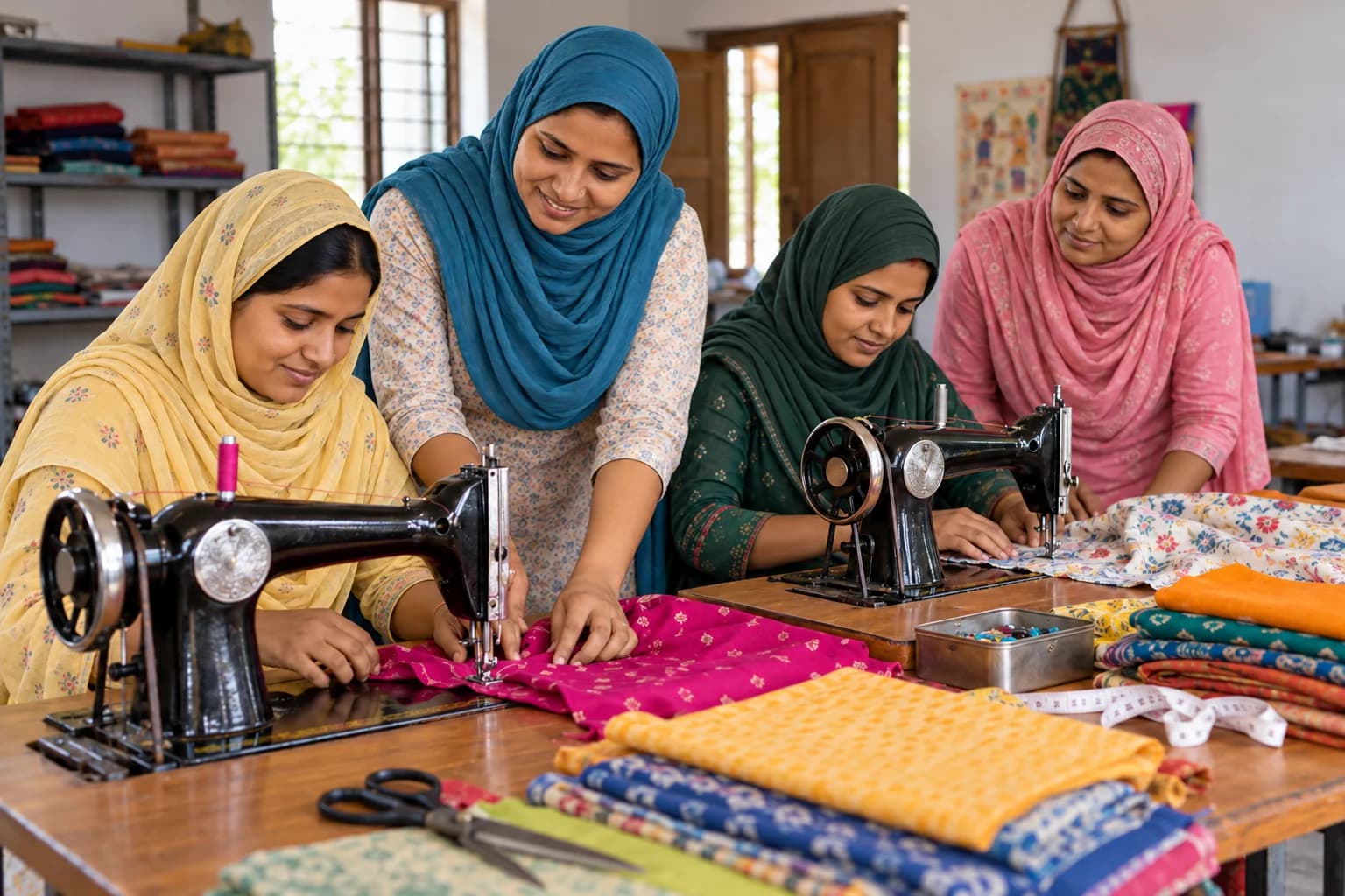 AI-generated illustration of Indian women in hijab learning tailoring with a trainer and sewing machines