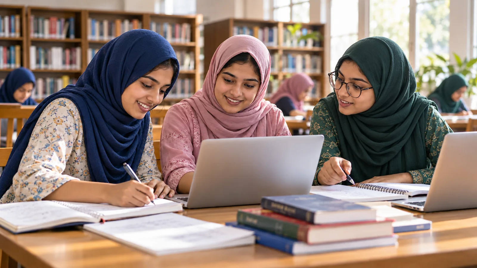 AI-generated illustration of Indian women in hijab studying together in a college library